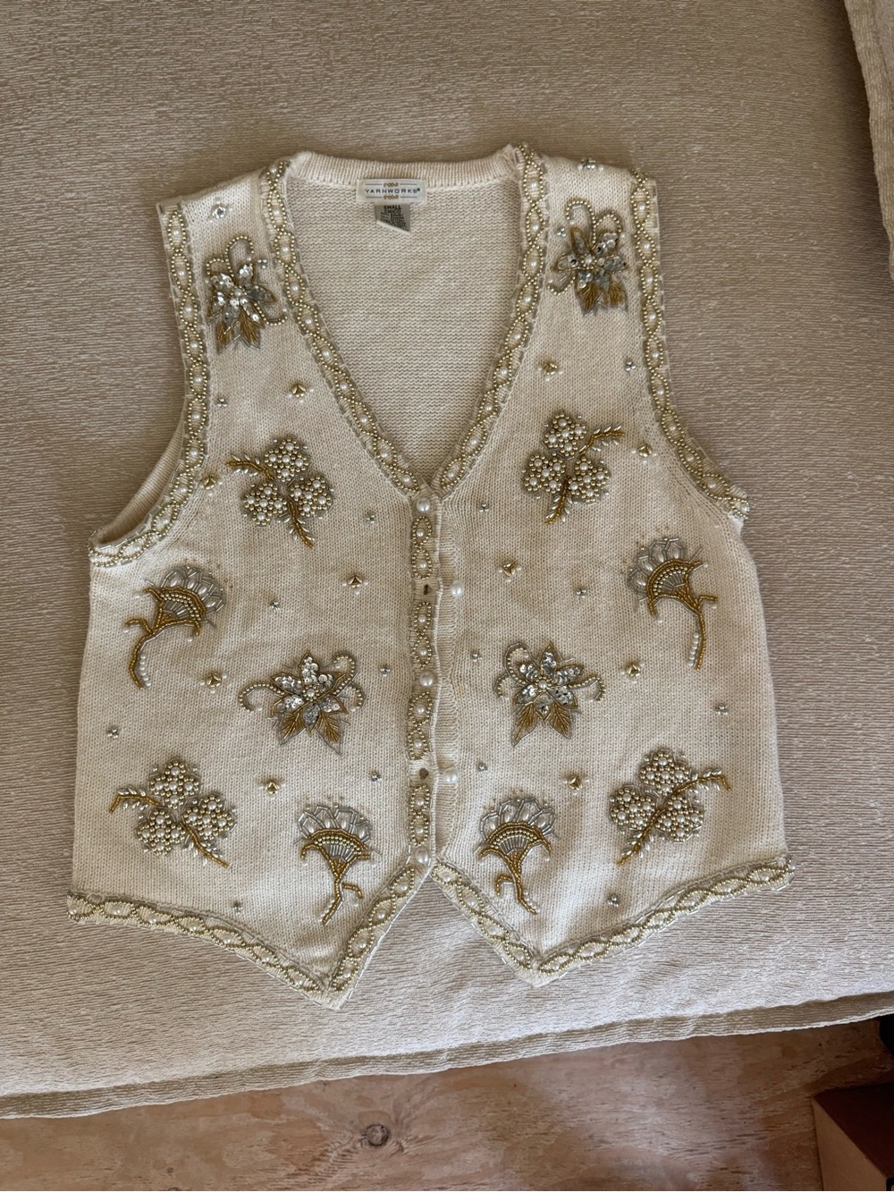 Vintage Yarnworks Ivory Beaded Sweater Vest - Pearl & Gold Beadwork, Size Small